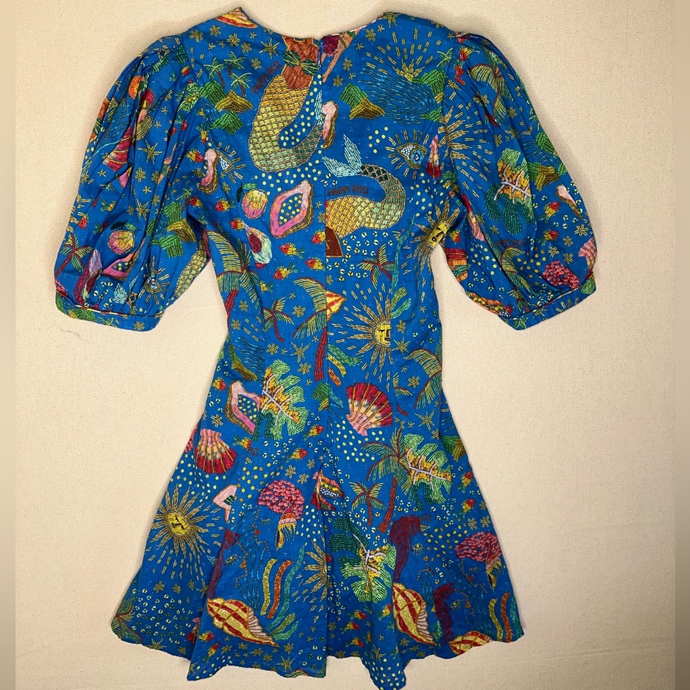 FARM Rio Ocean Stories Teal Blue Puff Sleeve Beaded Tassels Mini Dress XS - Picture 6 of 7